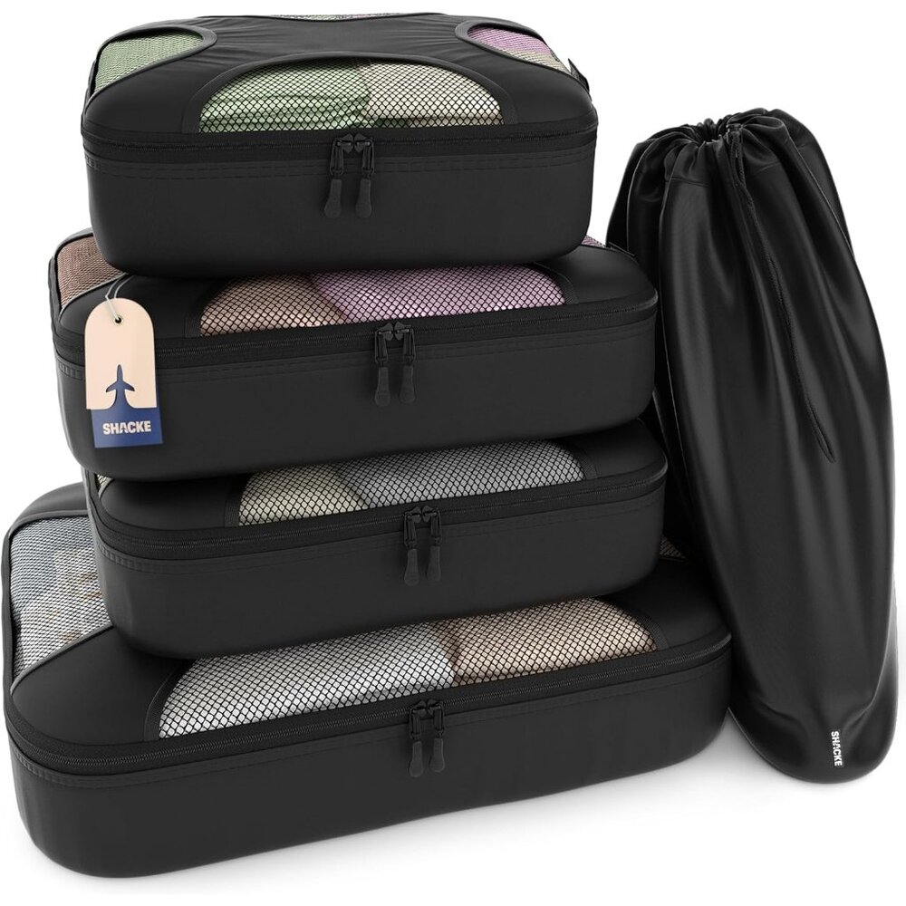 Premium 5 Packing Cubes Set - Lightweight Mesh Travel Luggage Organizers with La
